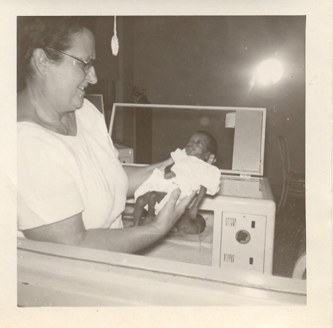 Infant Betty Williams with Incubator